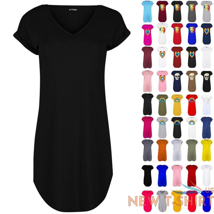 womens ladies plain curved hem turnup sleeve v neck oversize tunic t shirt dress 0.jpg