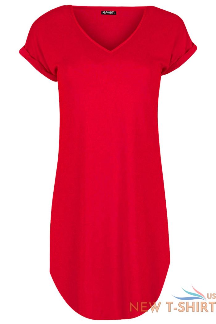 womens ladies plain curved hem turnup sleeve v neck oversize tunic t shirt dress 2.jpg
