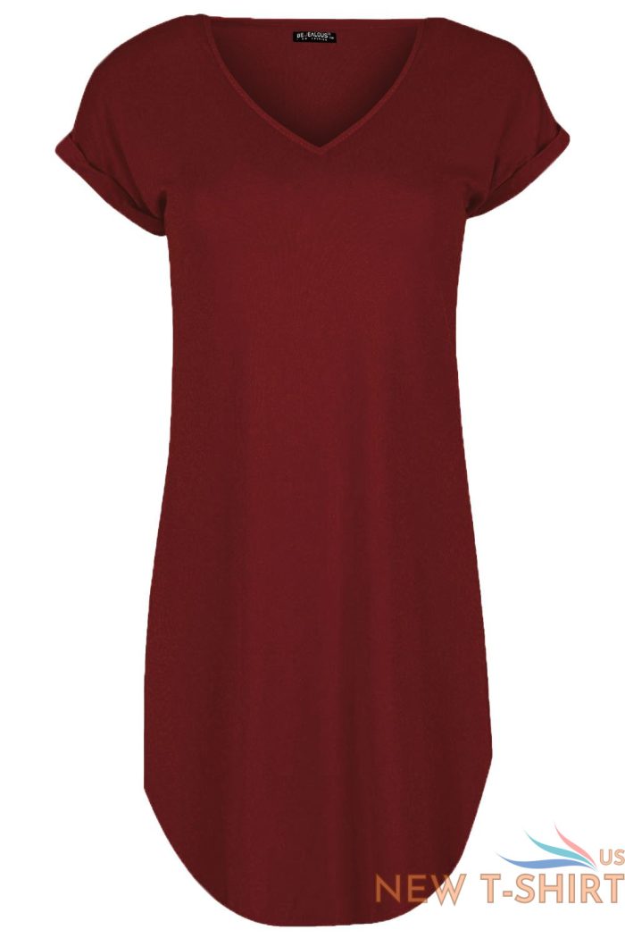 womens ladies plain curved hem turnup sleeve v neck oversize tunic t shirt dress 3.jpg