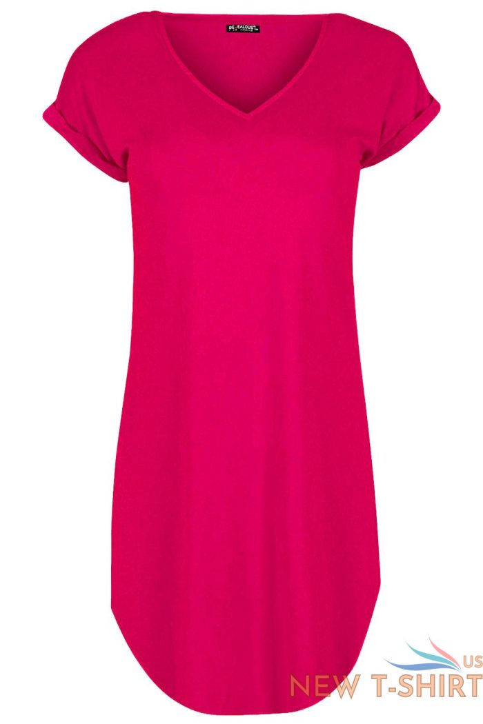 womens ladies plain curved hem turnup sleeve v neck oversize tunic t shirt dress 8.jpg