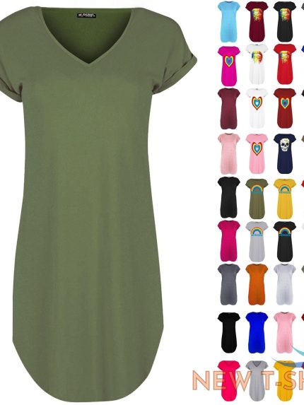 womens turnup sleeve oversize v neck baggy plain curved hem ladies t shirt dress 0 1.jpg