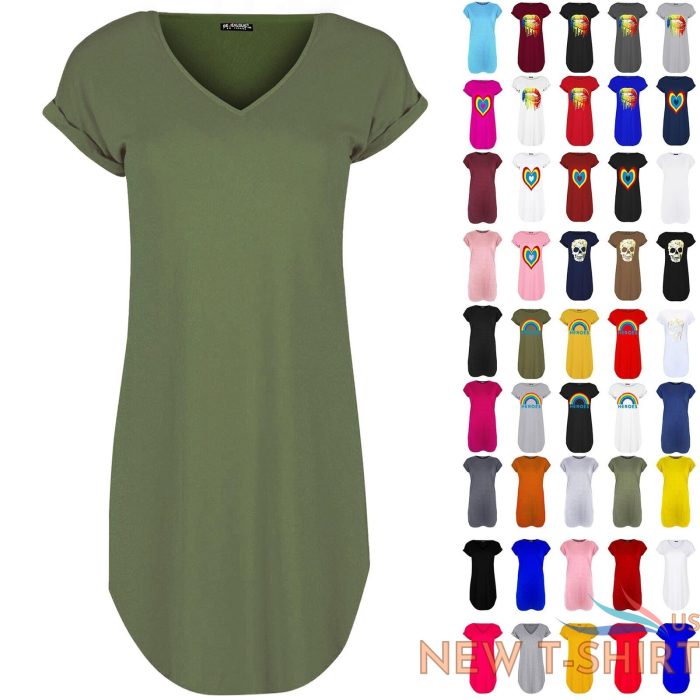 womens turnup sleeve oversize v neck baggy plain curved hem ladies t shirt dress 0 1.jpg