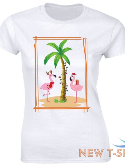 christmas tropical vacation with flamingos palm trees lights t shirt for women 0.jpg