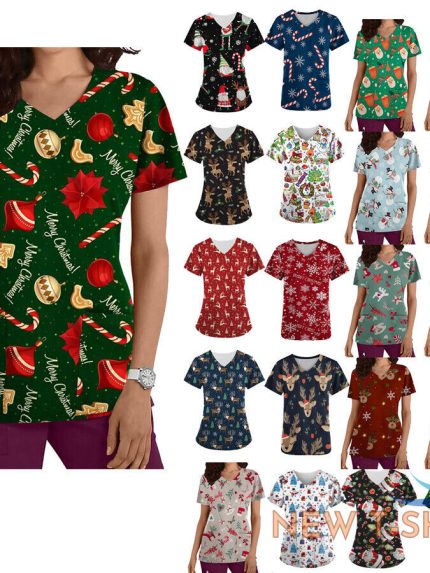 christmas unisex nursing uniform scrub short sleeve t shirt xmas blouse tee tops 0.jpg