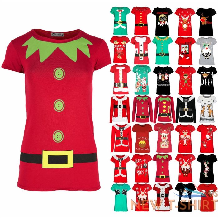 ladies elf costume buttons belt print womens christmas xmas gift t shirt tee top 0 2.jpg