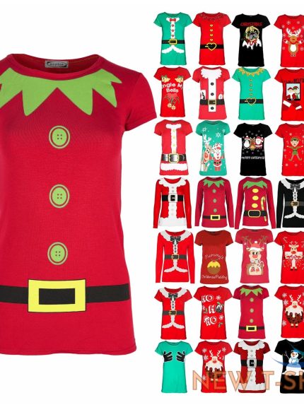 ladies elf costume buttons belt print womens christmas xmas gift t shirt tee top 0.jpg