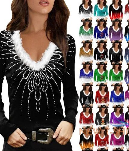 women s christmas printed t shirt faux fur v neck long sleeve slim fit blouse 0.jpg