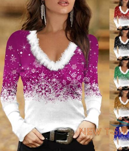 women s christmas printed t shirt faux fur v neck long sleeve slim fit blouse 1.jpg