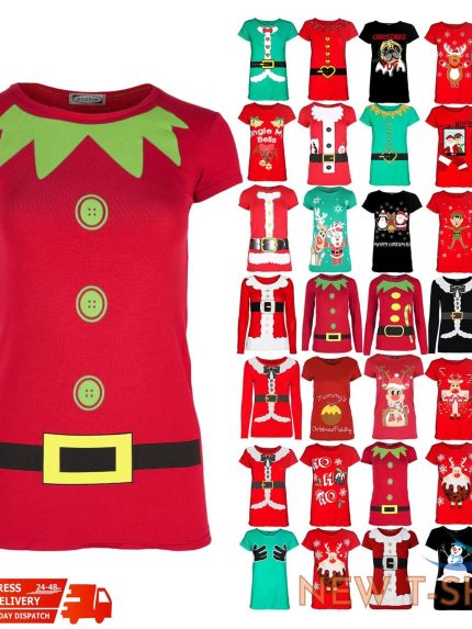 womens christmas t shirt ladies elf costume xmas cap short sleeve jersey top 0 1.jpg