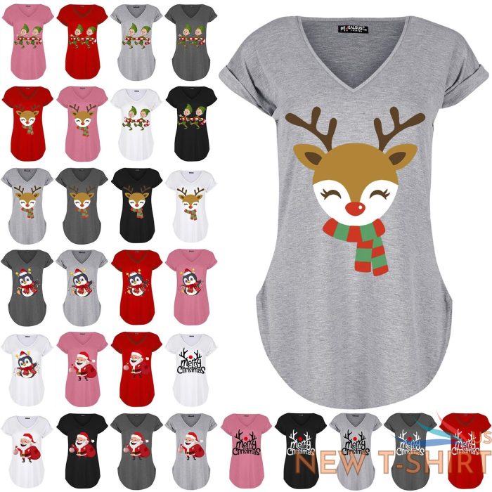 womens ladies xmas curved hem turn up cap sleeve christmas v neck basic t shirt 0 1.jpg